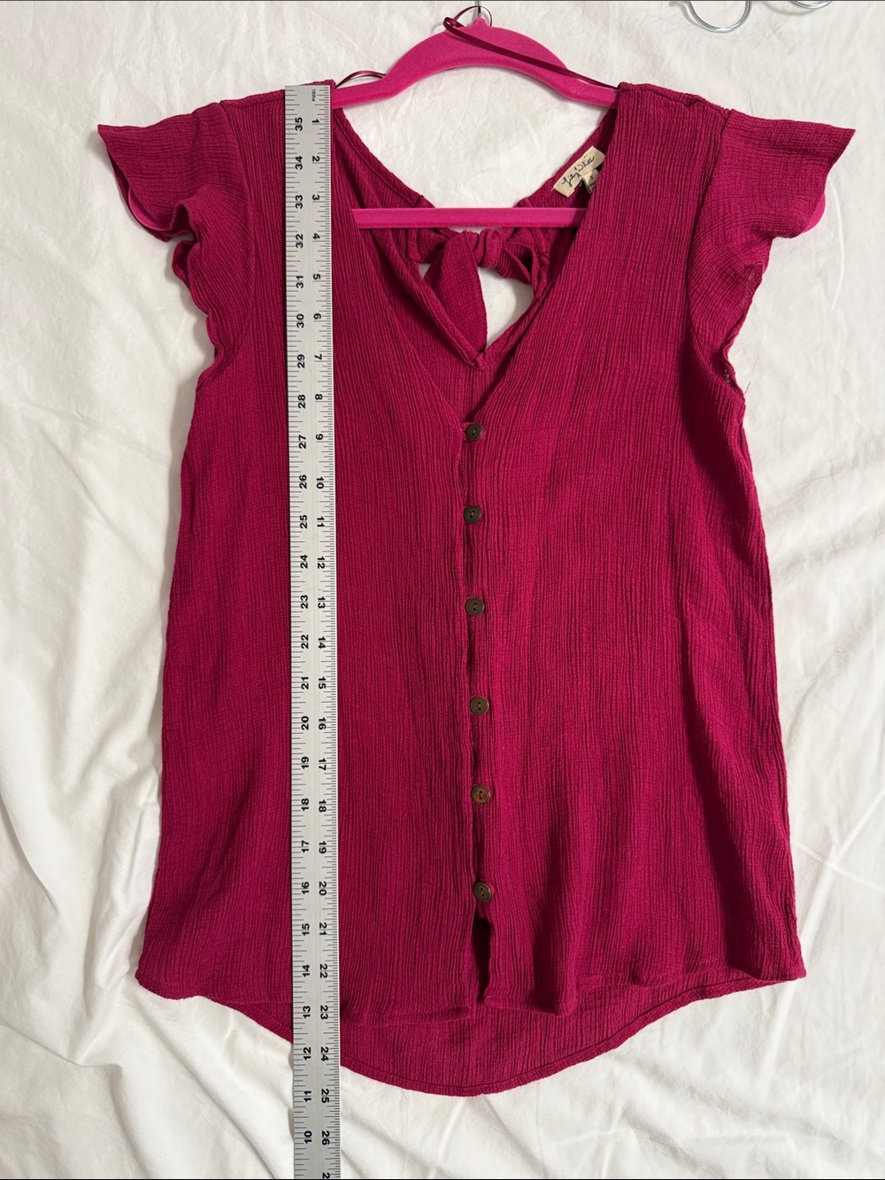 Lily White Raspberry Button-Front Tie-Back V-Neck Top - Picture 10 of 10